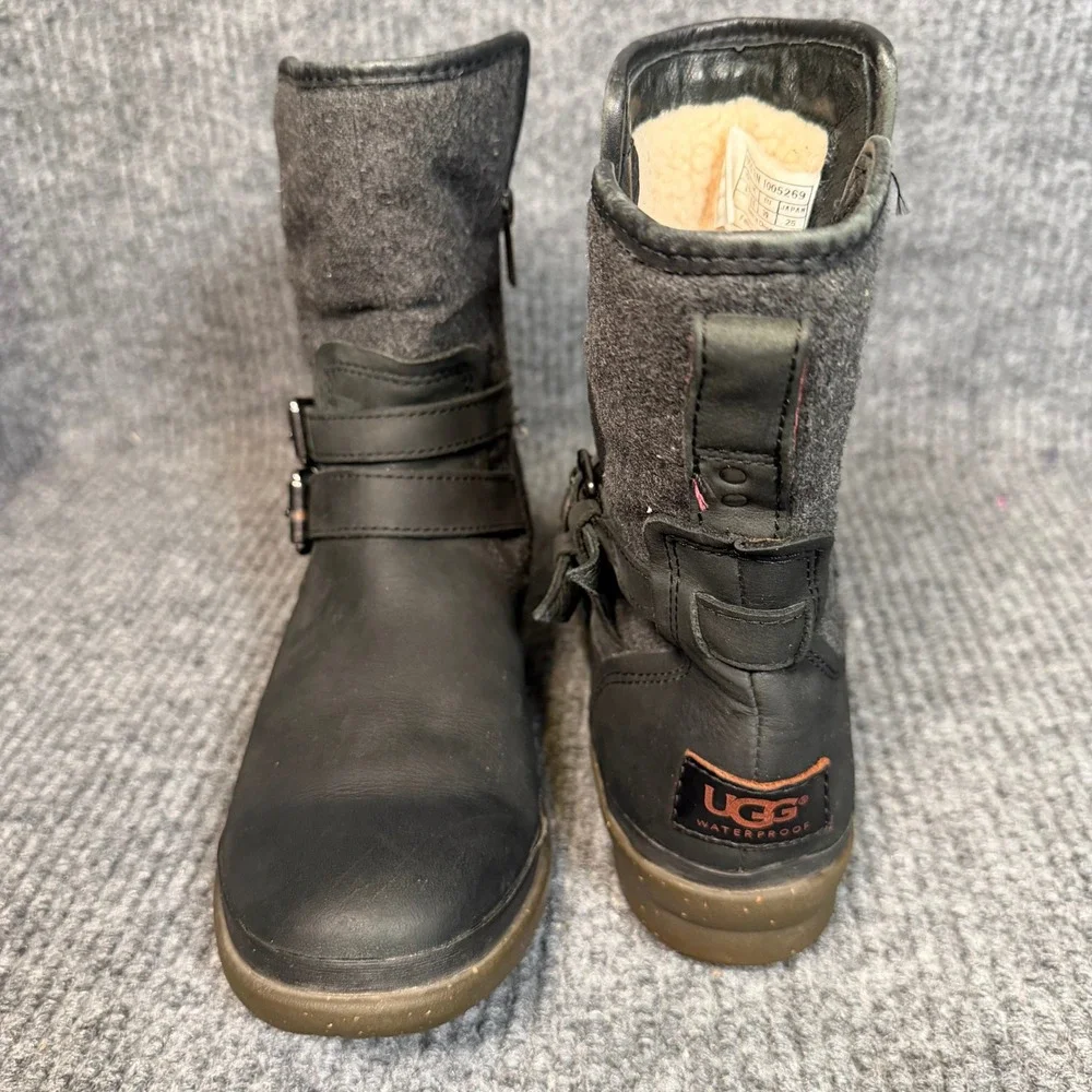 UGG Simmens Waterproof Boots Womens 8 Black Leather Wool Lined Zip Winter Moto